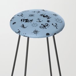 Pale Blue And Black Silhouettes Of Vintage Nautical Pattern Counter Stool