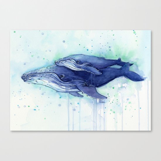Humpback Whale Watercolor Mom and Baby Painting Whales Sea Creatures Canvas Print