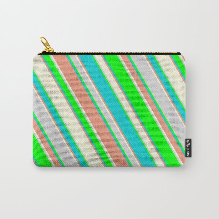 Lime, Dark Turquoise, Dark Salmon, Beige, and Light Gray Colored Stripes/Lines Pattern Carry-All Pouch