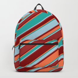 [ Thumbnail: Light Sea Green, Light Blue, Brown, Dark Red & Coral Colored Stripes/Lines Pattern Backpack ]