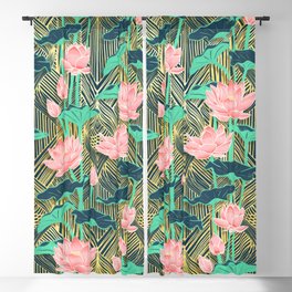 Art Deco Lotus Flowers in Peach & Emerald Blackout Curtain