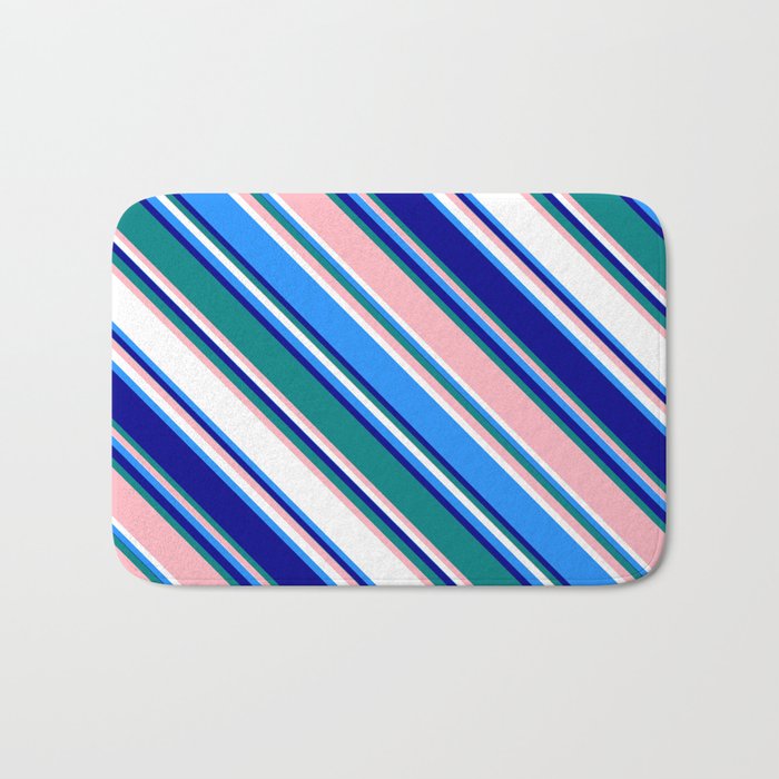 Colorful Blue, Dark Blue, Teal, Light Pink, and White Colored Lines Pattern Bath Mat