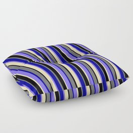 [ Thumbnail: Vibrant Dim Grey, Dark Blue, Medium Slate Blue, Tan & Black Colored Striped Pattern Floor Pillow ]