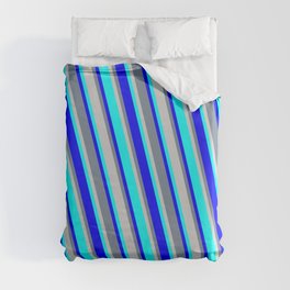 [ Thumbnail: Light Slate Gray, Light Grey, Aqua, and Blue Colored Stripes Pattern Duvet Cover ]