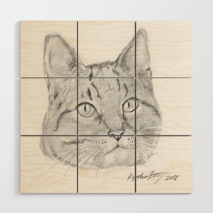 Cat Face Realistic Pencil Sketch Drawing Wood Wall Art By