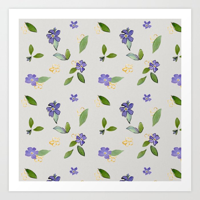 Periwinkle Floral on Buff White Linen Art Print
