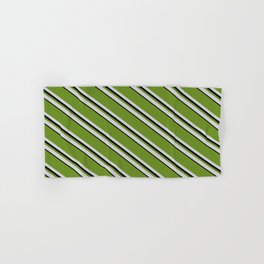 [ Thumbnail: Green, Light Grey, and Black Colored Pattern of Stripes Hand & Bath Towel ]