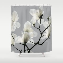 Gray Magnolia and White Shower Curtain