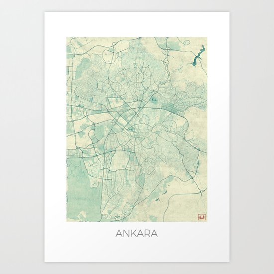 Ankara Map Blue Vintage Art Print