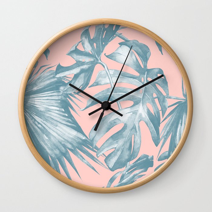 Tropical Leaves Ocean Blue on Coral Pink Wall Clock