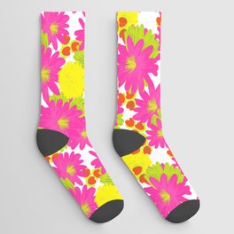 Retro Modern Tropical Flowers in Hot Pink And Yellow Socks