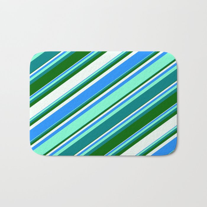 Colorful Blue, Aquamarine, Teal, Dark Green, and Mint Cream Colored Lines/Stripes Pattern Bath Mat