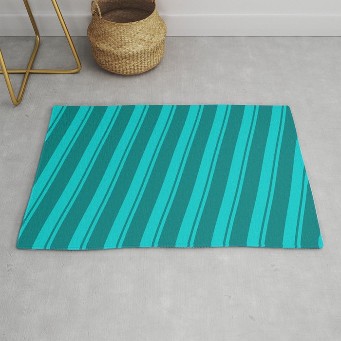 Dark Turquoise & Teal Colored Striped/Lined Pattern Rug