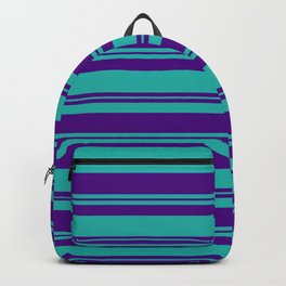 [ Thumbnail: Light Sea Green & Indigo Colored Stripes Pattern Backpack ]