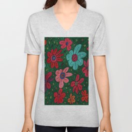Abstract Multi-coloured Flowers Floating in Green  V Neck T Shirt