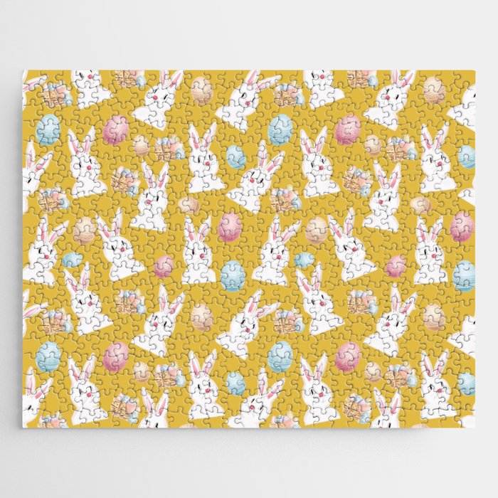 Easter Bunny And Eggs Pattern- Mustard Yellow Jigsaw Puzzle