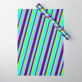 [ Thumbnail: Chartreuse, Aqua, Violet, and Indigo Colored Striped/Lined Pattern Wrapping Paper ]