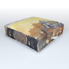 Watercolor painting of 18th century Baroque cathedral in Puno, Peru on Lake Titicaca at sunrise Outdoor Floor Cushion