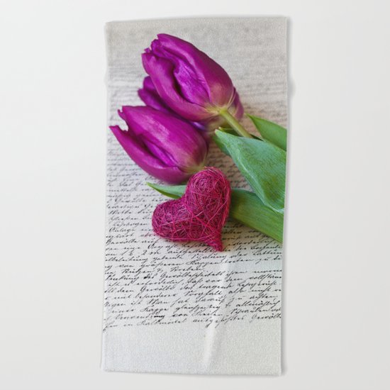 pink spring Tulips with heart Beach Towel