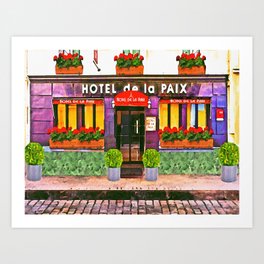 Paris Hotel De La Paix colorful street scene watercolor portrait painting with flower boxes Art Print