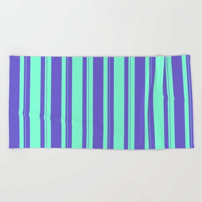 Aquamarine & Slate Blue Colored Lines Pattern Beach Towel