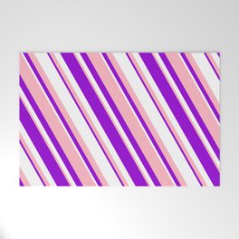 [ Thumbnail: Light Pink, Dark Violet, and White Colored Lined/Striped Pattern Welcome Mat ]