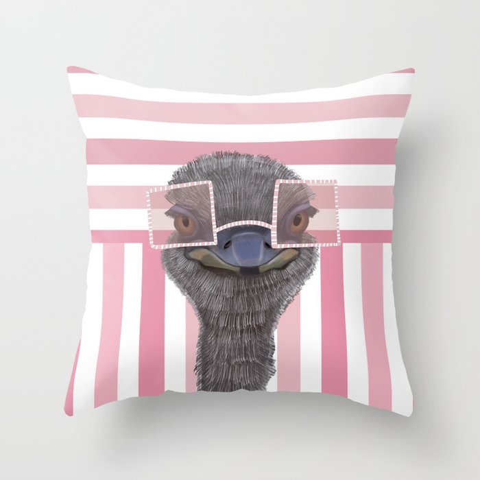 Funny Ostrich with Pink Glasses on Stripe Pattern Throw Pillow