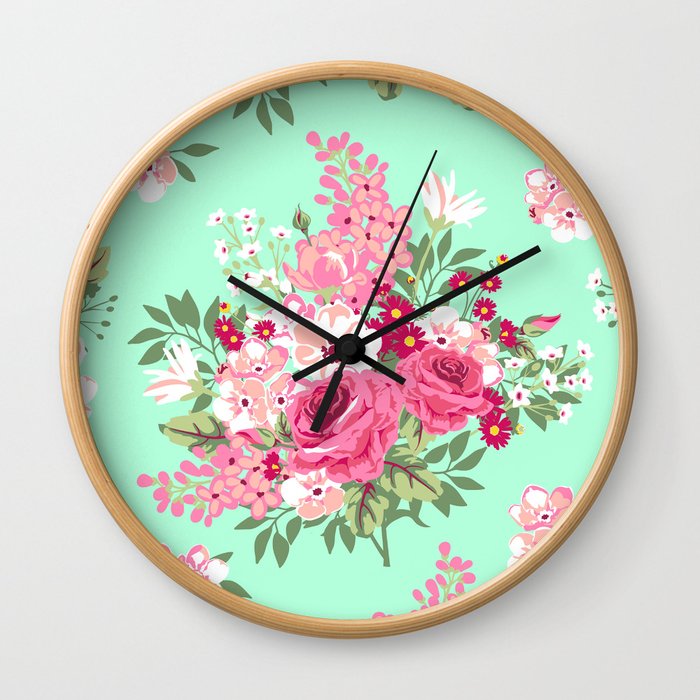 Cottage Chic Roses and Lilacs Floral in Aqua and Pink Wall Clock