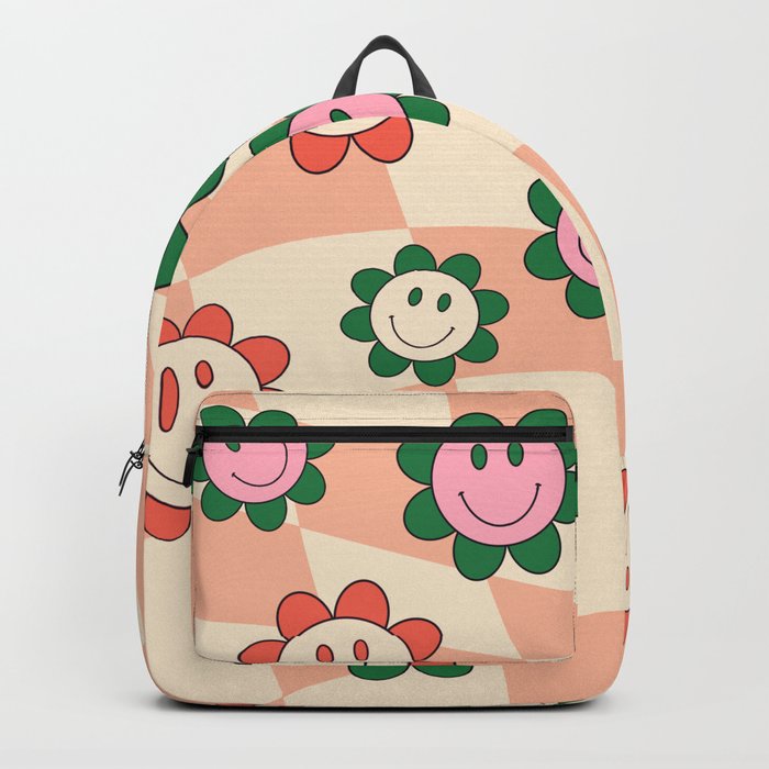 Peach 60s Groovy Gingham Happy Face Backpack