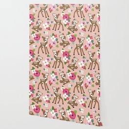 Seamless vintage pattern with cute vintage fawn on pink floral background.  Wallpaper