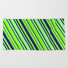 [ Thumbnail: Midnight Blue, Green & Chartreuse Colored Lined/Striped Pattern Beach Towel ]