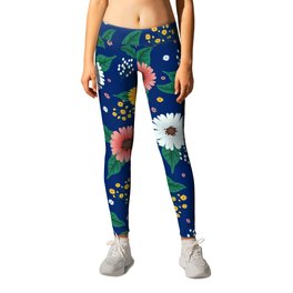Colorful Spring Flowers Pattern in Blue Background Leggings
