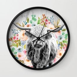 Highland Cow With Flowers on Marble Black and White Wall Clock