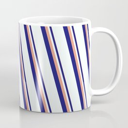 [ Thumbnail: Dark Salmon, Midnight Blue & Mint Cream Colored Stripes Pattern Coffee Mug ]