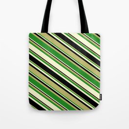 [ Thumbnail: Dark Khaki, Forest Green, Light Yellow, and Black Colored Pattern of Stripes Tote Bag ]