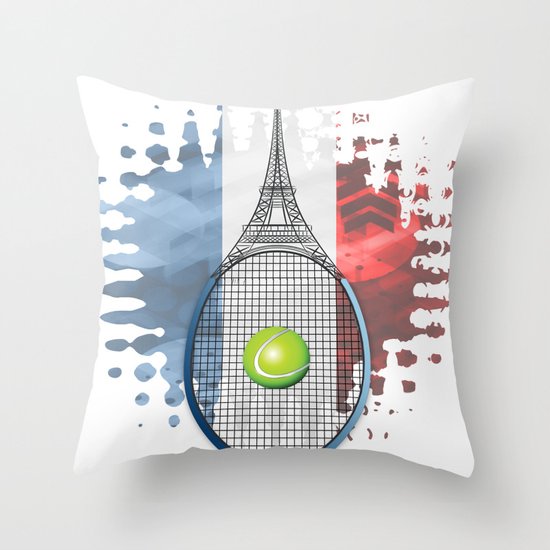 Racquet Eiffel Tower with French flag colors in background Throw Pillow