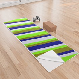 [ Thumbnail: Chartreuse, Green, Dark Blue & Lavender Colored Stripes/Lines Pattern Yoga Towel ]