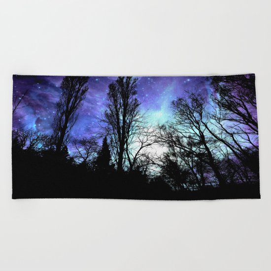 black trees periwinkle blue aqua space Beach Towel