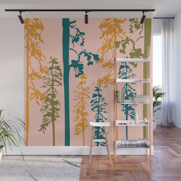Woody - Green Minimal Forest Tree Art Design on Pink Wall Mural