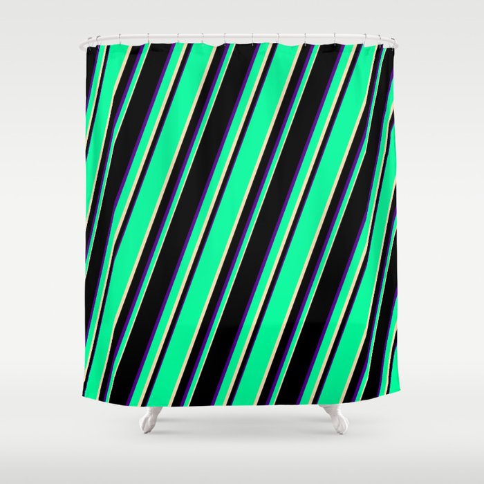 Green, Tan, Black, and Indigo Colored Lines/Stripes Pattern Shower Curtain
