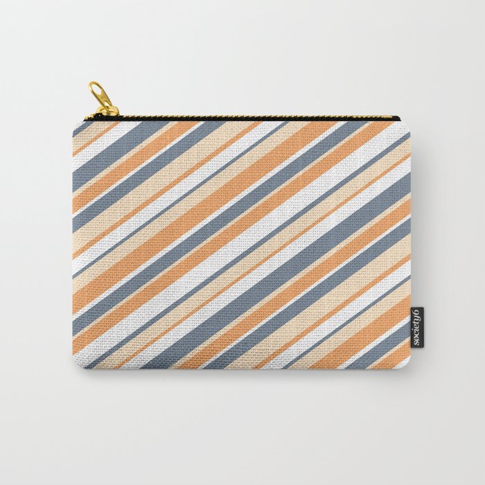 Slate Gray, Bisque, Brown & White Colored Stripes/Lines Pattern Carry-All Pouch