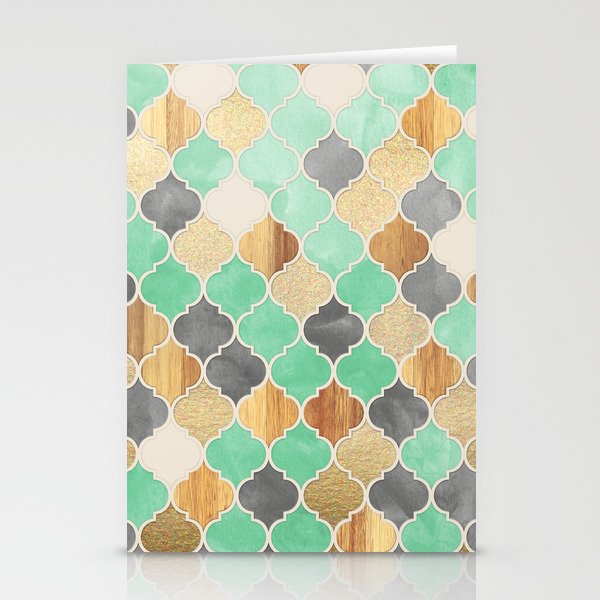 Charcoal, Mint, Wood & Gold Moroccan Pattern Stationery Cards