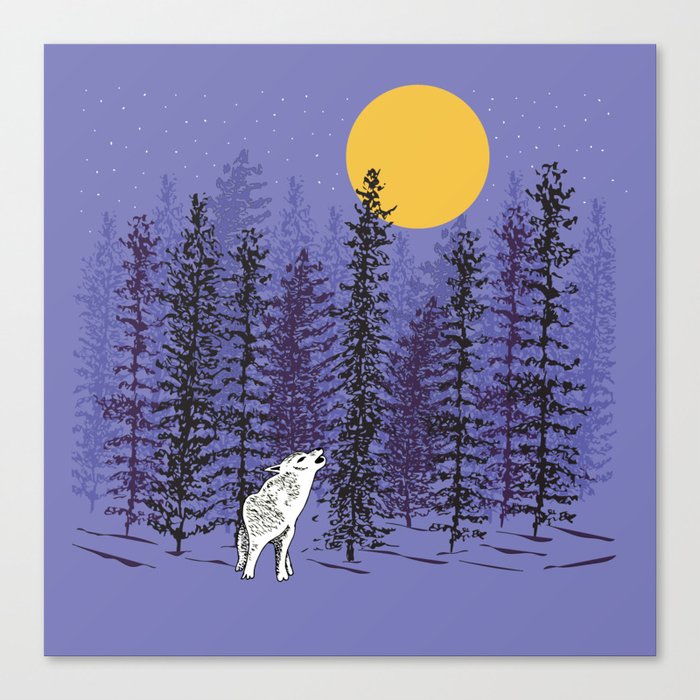 Wolf Howling at the Moon with Woodland Trees - Dark Purple Canvas Print