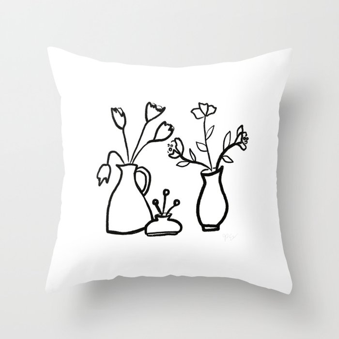 Sketched Black and White Flowers in Modern Vases Throw Pillow