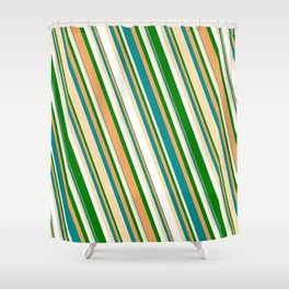 [ Thumbnail: Vibrant Brown, Dark Cyan, Tan, White & Green Colored Striped Pattern Shower Curtain ]