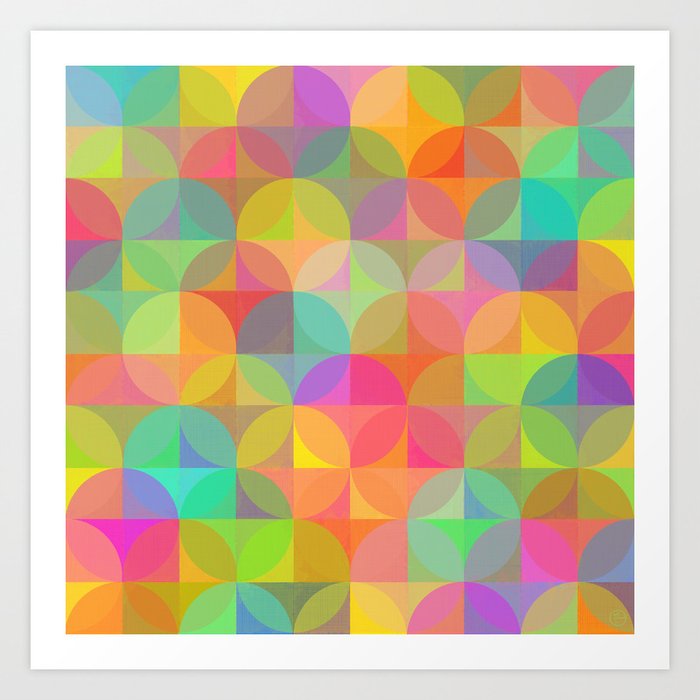 Vibrant Rainbow Plaid and Circle Pattern Art Print