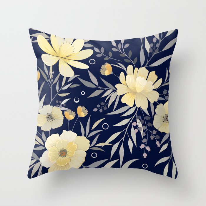 Modern, Boho, Floral Prints, Blue and Yellow Throw Pillow