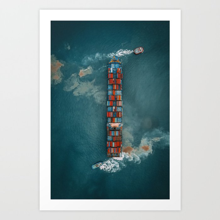 Aerial shot of cargo ship under road bridge Art Print