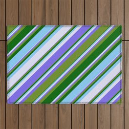 [ Thumbnail: Vibrant Medium Slate Blue, Green, Dark Green, Light Sky Blue & Lavender Colored Stripes Pattern Outdoor Rug ]