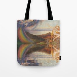 Sunbeam and Summer Shower; angel and female at reflection pond by painting Evelyn de Morgan Tote Bag | Painting, Curated, Sunset, Female, Nature, Nude, Sunbeams, Rain, Amalficoast, Summer 